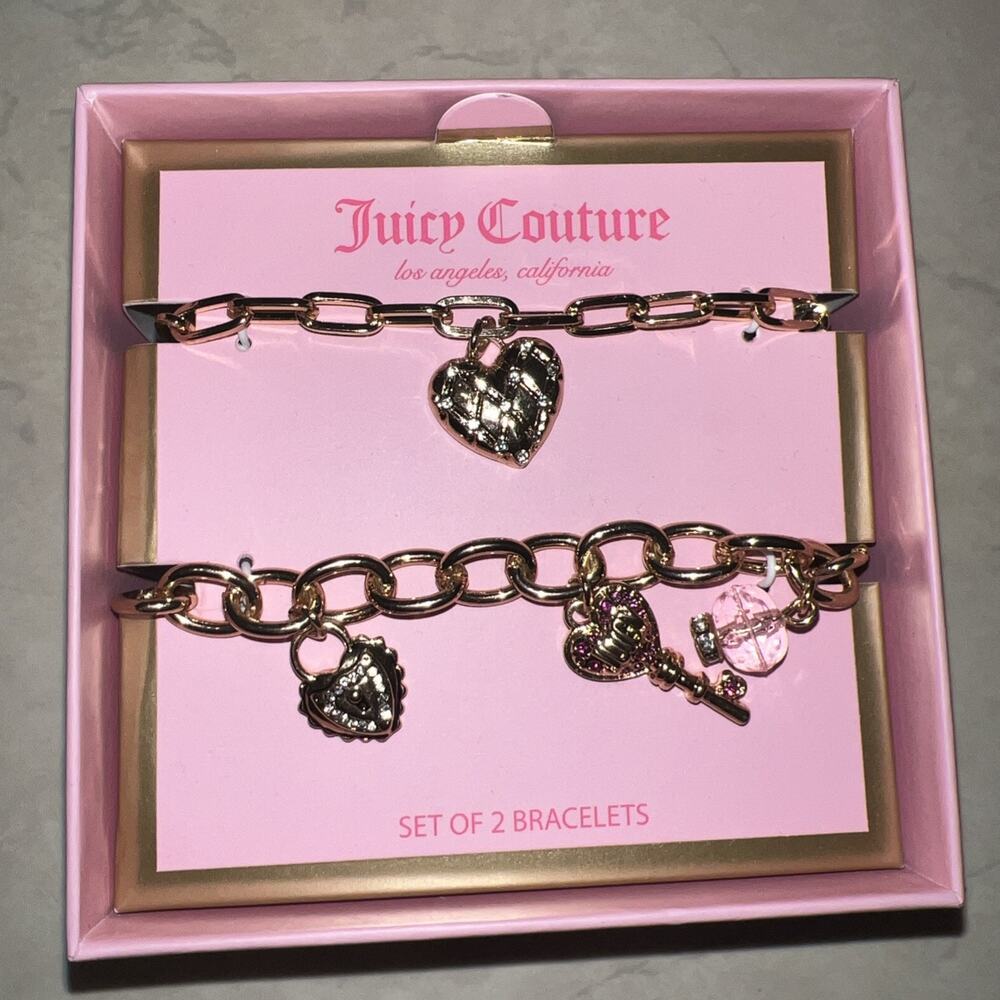 New Juicy Couture Gold 2 Pck Heart Lock Key Pink Purple Bracelet Set Jewelry